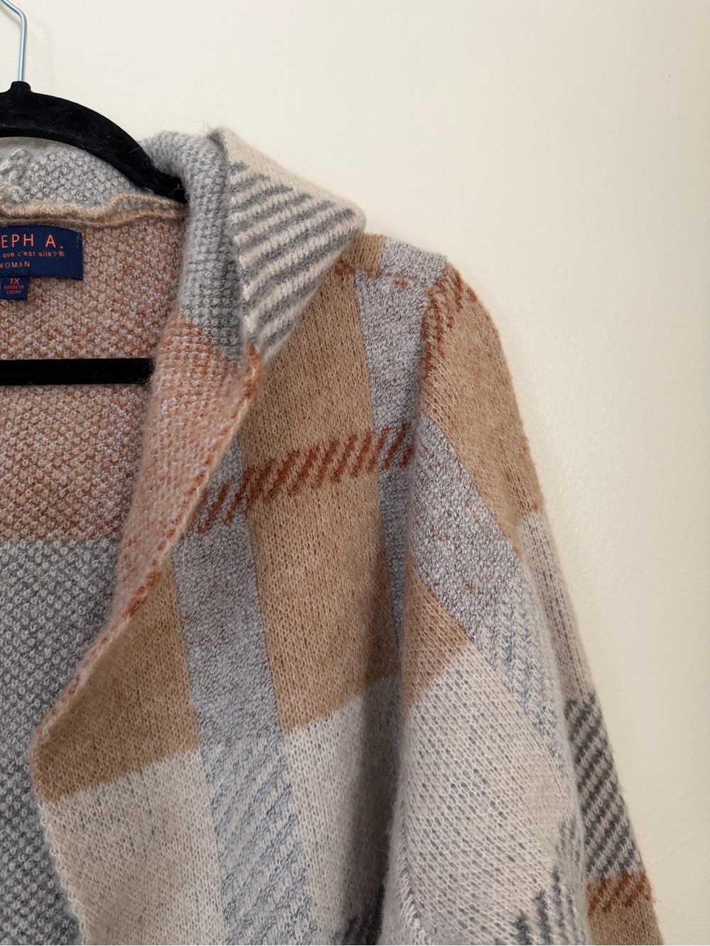 Joseph A Hooded Plaid Open-Front Cardigan Coatigan Grey Beige 1X - Picture 4 of 14
